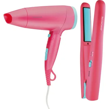 Kosmetická sada SILVERCREST® PERSONAL CARE Sada cestovního vysoušeče vlasů SRHK 1600 B1 a aku žehličky na vlasy SGEA 3.6 A1, růžová