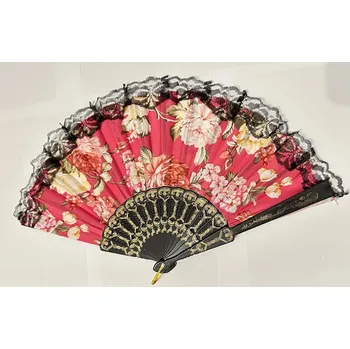 Luxusní vějíř s látkou Pivoňky v červené