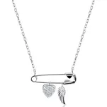 Stříbrný 925 náhrdelník - spínací špendlík s přívěsky, srdíčko se zirkony, andělské křídlo