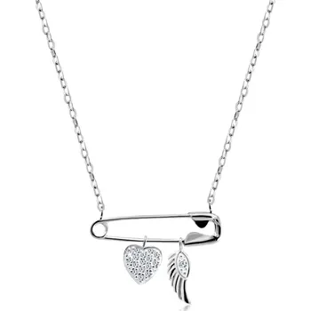 Náhrdelník Stříbrný 925 náhrdelník - spínací špendlík s přívěsky, srdíčko se zirkony, andělské křídlo