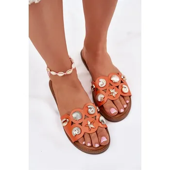 Dámské pantofle Dámské Pantofle Na Plochém Podpatku Se Zlatými Připínáky Nalothiel Barva: Oranžová, Velikost: 38