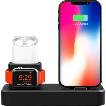 Nabíjecí stanice / stojánek pro Apple iPhone + AirPods + Watch - silikonový - černý