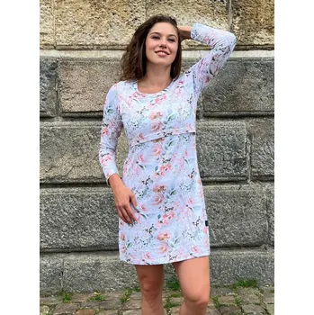 Těhotenské šaty Květinové těhotenské a kojící šaty bílé s růžemi bavlněné dlouhý rukáv Velikost: M