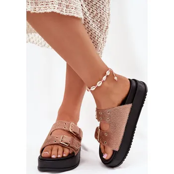 Dámské pantofle Dámské Pantofle Se Zlatými Přezkami Na Platformě Virvania Barva: Béžová, Velikost: 37