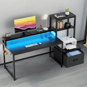 Psací stůl Herní stůl s regálem a LED osvětlením ROFEL, barva černá