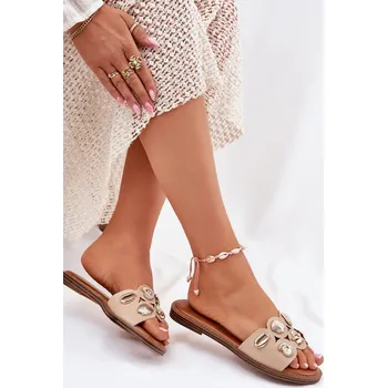 Dámské pantofle Dámské Pantofle Na Plochém Podpatku Se Zlatými Připínáky Nalothiel Barva: Béžová, Velikost: 38