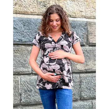 Mama L'amour Elegantní těhotenské a kojící tričko Knottie béžové s černými květy Velikost: L