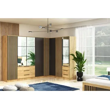 Šatní skříň EU013 Sorento Rohová sestava šatních skříní 300 kraft zlatý / černá