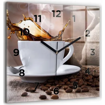 Hodiny Čtvercové Skleněné Hodiny na Zeď do Kanceláře s Grafikou Šálek kávy 60x60 cm
