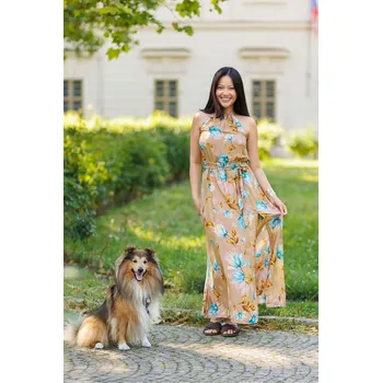 Dámské šaty Himalife Dlouhé šaty s páskem Shani - béžová s tyrkysovou Velikost: XXL/3XL - Móda pro plnoštíhlé, Oblečení nadměrné velikosti