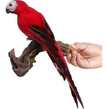 Zahradní dekorace Dekorativní papoušek 35 cm Ručně vyráběná umělá ptačí dekorace z peří a pěny Realistická ozdoba pro interiér i exteriér červená