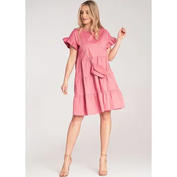 Dámské oblečení Růžové bavlněné mini šaty s volány na rukávech a kabelkou na zlatém řetízku M1182 Pink Velikost: S/M