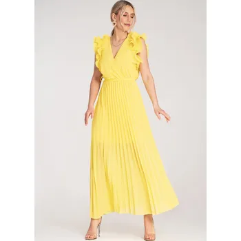 Dámské šaty Žluté maxi šaty s výstřihem do V a ozdobnými volánky na ramenou M1189 Yellow Velikost: S/M