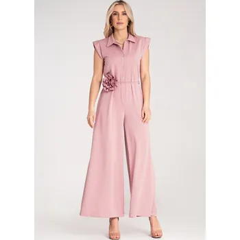 Dámský overall Růžový dámský viskózový overal s páskem s ozdobnou květinou M1190 Pink Velikost: S/M