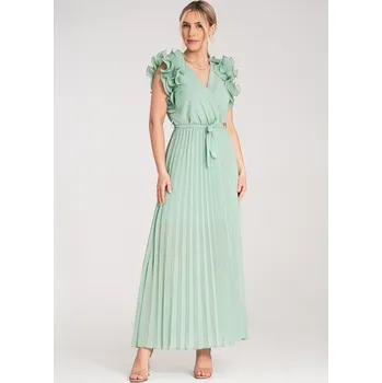 Dámské šaty Mátové maxi šaty s výstřihem do V a ozdobnými volánky na ramenou M1189 Mint Velikost: S/M