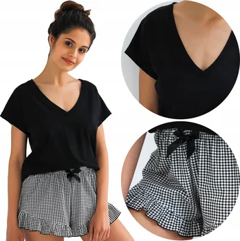 Dámské pyžamo Černé dámské pyžamo s kostkovanými kraťasy, měkká 100% Bavlna, velikost S, Chiara