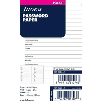 Kancelář Filofax, Seznam hesel pro diáře, kapesní, bílá