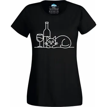Dámské tričko Dámské tričko Kočka a Víno (Velikost: 4XL, Barva: Černá)