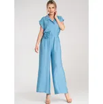 Světle modrý dámský viskózový overal s tenkým páskem s květinou M1177 Blue Velikost: ONE SIZE