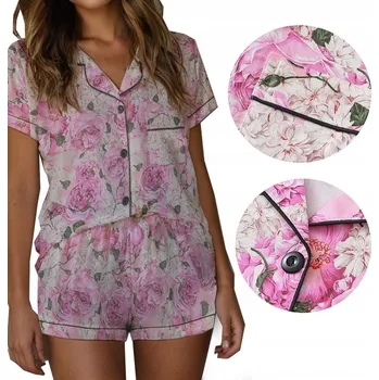 Dámské noční prádlo Dámské pyžamo na knoflíky Instagram Květiny FLOWERS kapsa lemování Růžová M