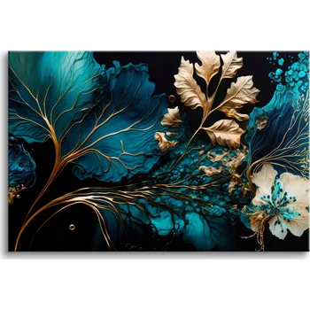 Obraz Obraz na plátně do obýváku, ložnice, dekorace Tyrkysové Zlaté listy 80x120