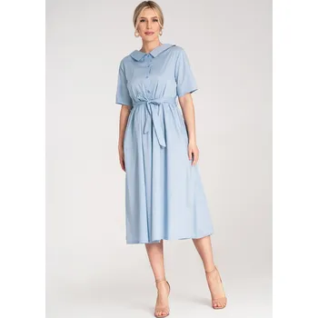 Dámské šaty Světle modré bavlněné midi šaty s límečkem a páskem M1178 Blue Velikost: S/M