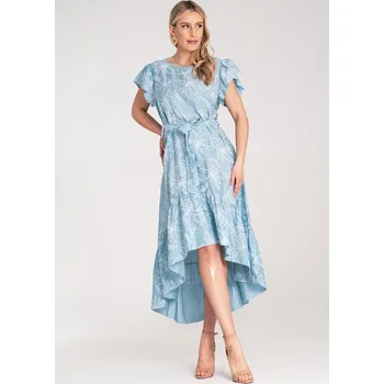 Dámské šaty Světle modré dámské asymetrické květované šaty s volánem M1179 Blue Velikost: ONE SIZE