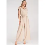 Béžový dámský viskózový overal s tenkým páskem s květinou M1177 Beige Velikost: ONE SIZE