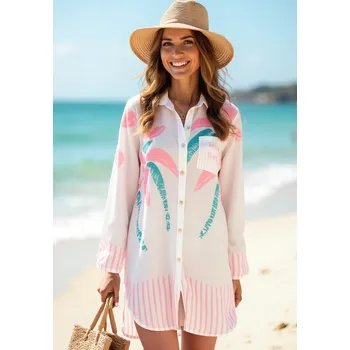 Dámské šaty Bílé dámské vzdušné vzorované košilové šaty se lnem M1121 White Velikost: S/M