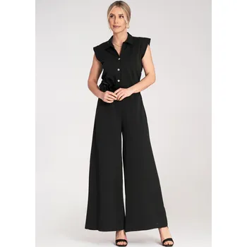 Dámský overall Černý dámský viskózový overal s páskem s ozdobnou květinou M1190 Black Velikost: S/M