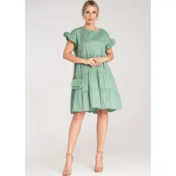 Dámské šaty Světle zelené bavlněné mini šaty s volány na rukávech a kabelkou na zlatém řetízku M1182 Green Velikost: S/M