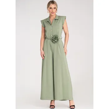 Dámský overall Světle zelený dámský viskózový overal s páskem s ozdobnou květinou M1190 Green Velikost: S/M