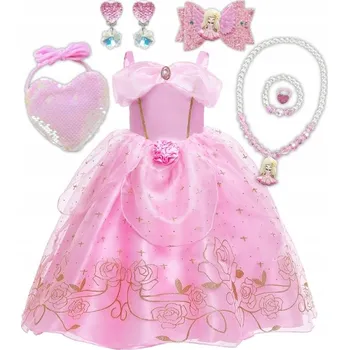 Karnevalový kostým KOSTÝM PŘEVLEK ŠATY AURORA ŠÍPKOVÁ RŮŽENKA KARNEVALOVÝ BÁL 122 128 CM