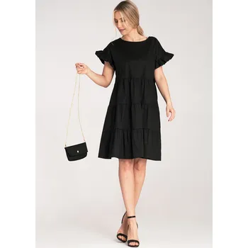 Dámské oblečení Černé bavlněné mini šaty s volány na rukávech a kabelkou na zlatém řetízku M1182 Black S/M Velikost: S/M