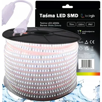 LED páska SADA LED pásek SMD 220V 230V 15m 6000K BÍLÁ STUDENÁ NAPÁJECÍ ZDROJ IP67 120/m