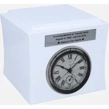 Smuteční dekorace Symbolická urna s hodinami Pamětní urna na popel Bílá/Vzor1/Štítek