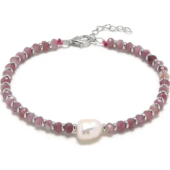 Náramek 4U Stříbrný náramek s přírodním růžovým turmalínem a perlou