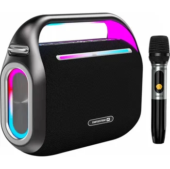 Bluetooth reproduktor SWISSTEN HARMONY 120W černý Reproduktor, bezdrátový, Bluetooth, 120W, LED podsvícení, USB-C, výdrž baterie 15 hodin, powerbanka, mikrofon, černý 52109030