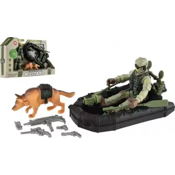 Hračka Teddies Vojenská sada plast člun, voják, pes s doplňky v krabici 23x14x4cm