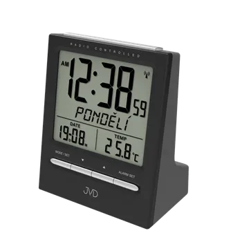 Budík Černý rádiem řízený budík JVD RB9299.2 s češtinou a teploměrem ( )