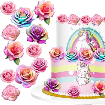 Obraz Vaflové barevné KVĚTINY RŮŽE na dort, jedlá OZDOBA DEKORACE - 32 ks