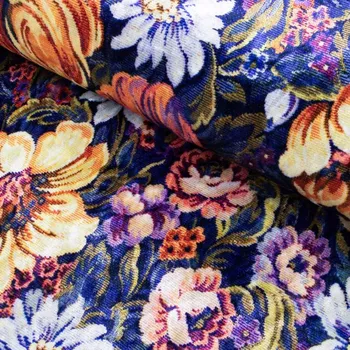 Zamat Velvet digital - Květiny modrá tmavá