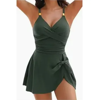 Dámské plavky Dámské jednodílné zeštíhlující plavky se sukní Barva: tmavě zelená, Velikost: XL