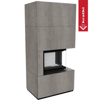 Krbová kamna Kratki Modulární krb FLOKI BOX pravá 8 kW Ø 160 křemenný sintr NATURALI PIETRA DI SAVOIA GRIGIA BOCCIARDATA černá