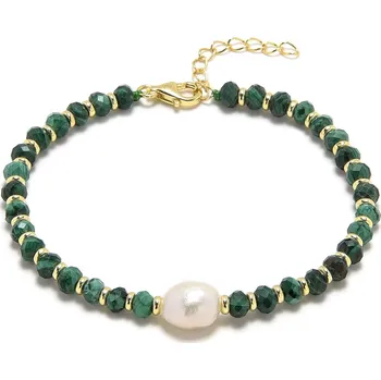 Náramek 4U Stříbrný/pozlacený náramek s přírodním malachitem a perlou