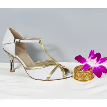 Dámské lodičky Saténové svatební boty se zlatým lemem - bílé Velikost obuvi: 34
