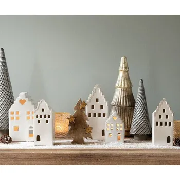 Svícen Béžový porcelánový domek svícen na čajovou svíčku Christmas House L - 10*9*17 cm