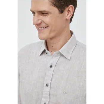 Pánská košile Plátěná košile Michael Kors béžová barva, slim, s klasickým límcem, MK0DS01099 80X, vel. 44