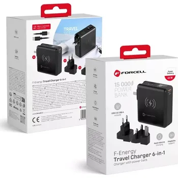 Multifunkční nabíječka F-ENERGY 45W 6v1 se zásuvkami USB A a USB C, power bankou 15000mAh a bezdrátovým nabíjením 15W