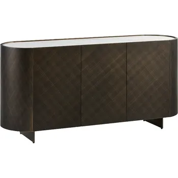 Příborník do zásuvky Luxusní art deco oválný hnědý třídveřový příborník Monac s bílou mramorovou vrchní deskou a kosoštvorcovým vzorem 150 cm